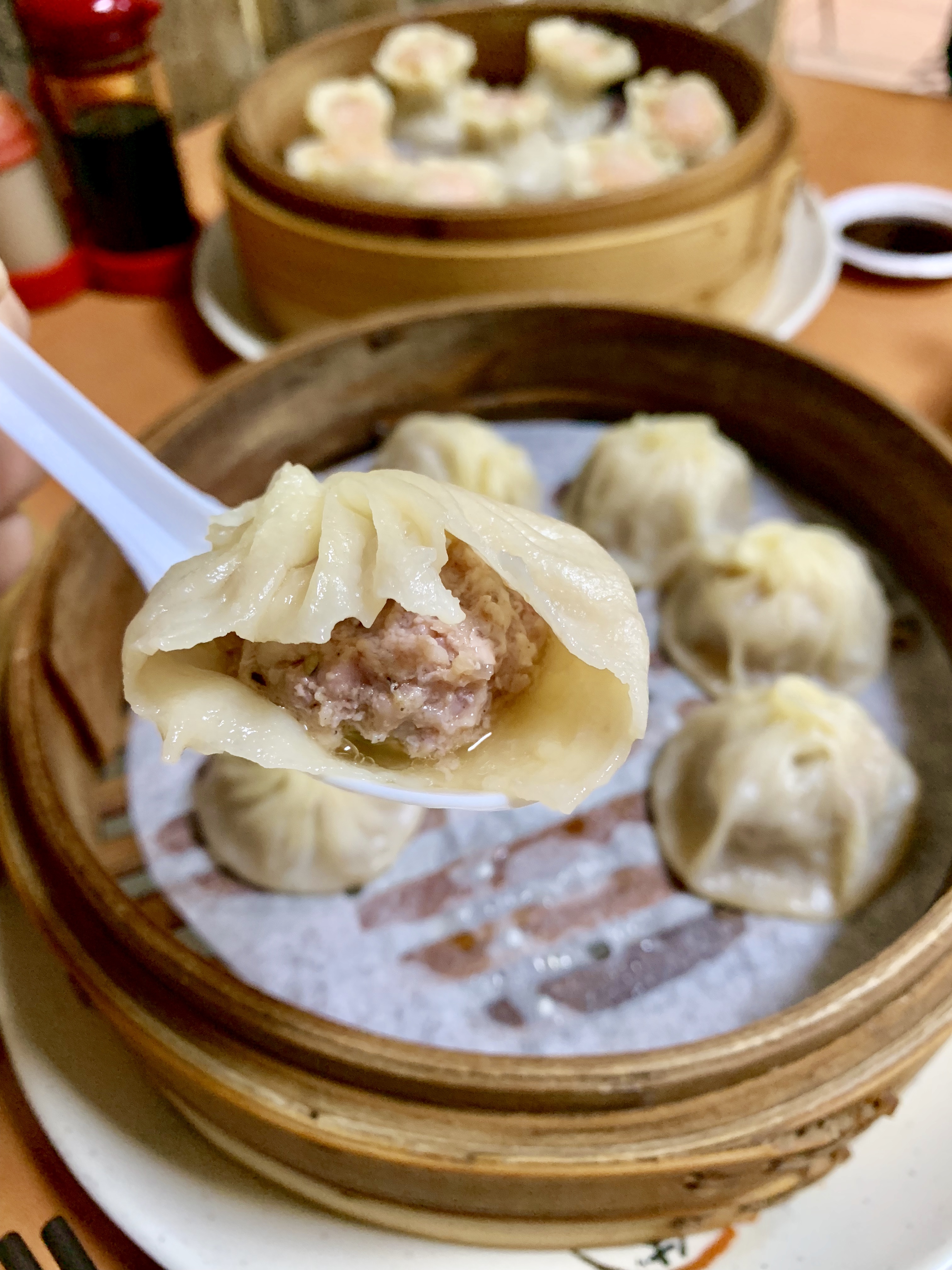 一口咬下小籠包，鮮甜湯汁在嘴裡噴發，肉餡有味不膩，不太需要蘸醬。