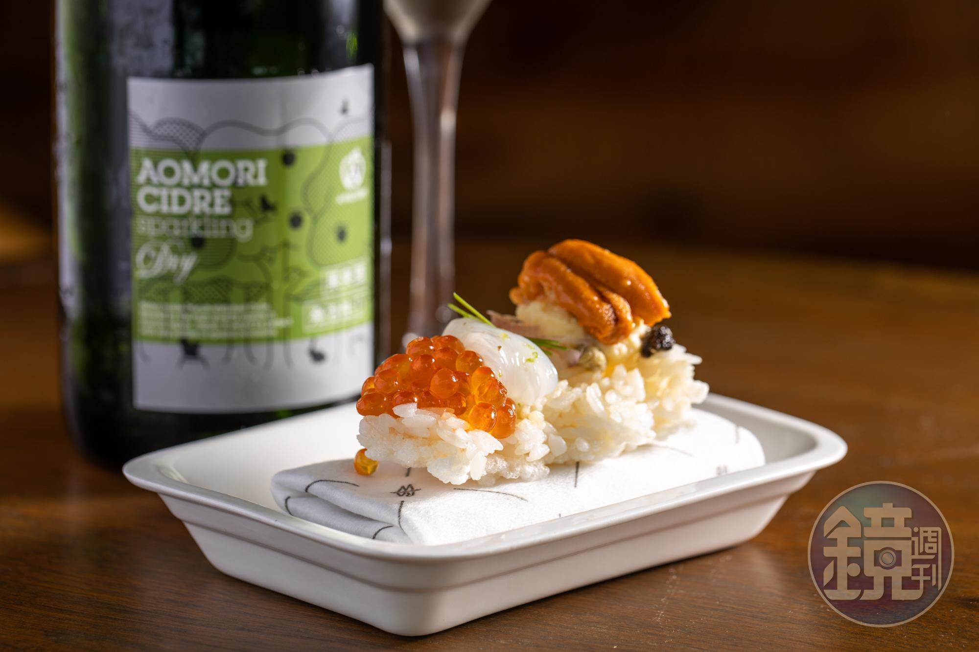 「nokkedon」搭配A-Factory的「Aomori Cider Dry」，以特等富士與紅龍蘋果低溫發酵釀製而成，果香開胃。