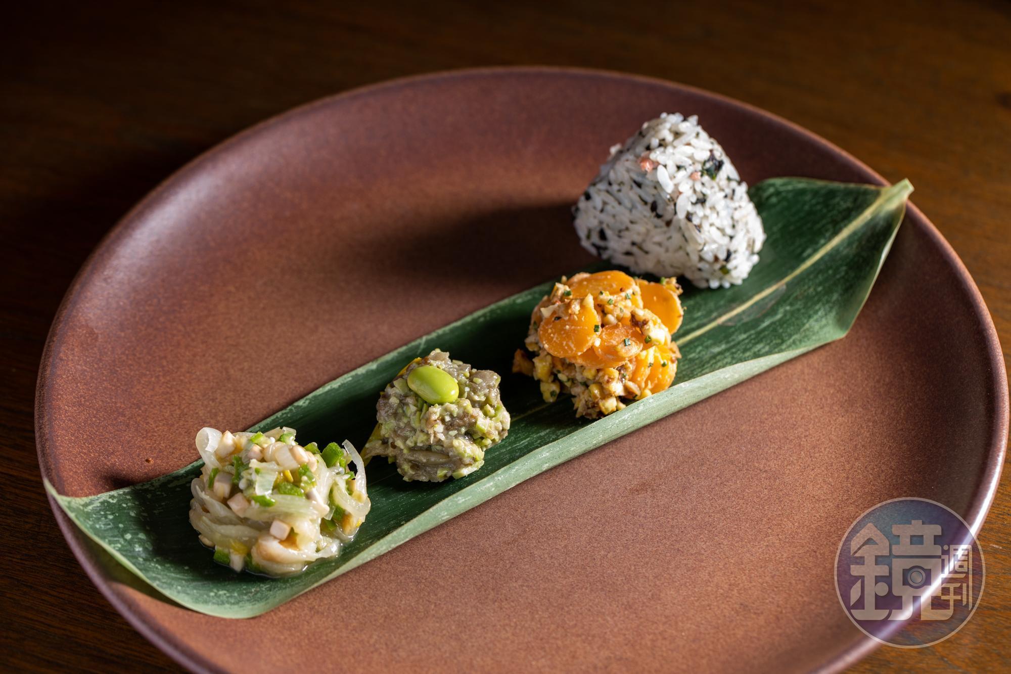 三品小菜與飯糰的組合，具象化青森的「おふくろの味（媽媽的味道）」。