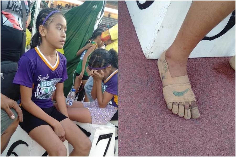 菲律賓的11歲女童布洛斯用繃帶纏住腳和腳趾,自製「NIKE繃帶鞋」贏得3面金牌。(翻攝自Predirick B. Valenzuela臉書)