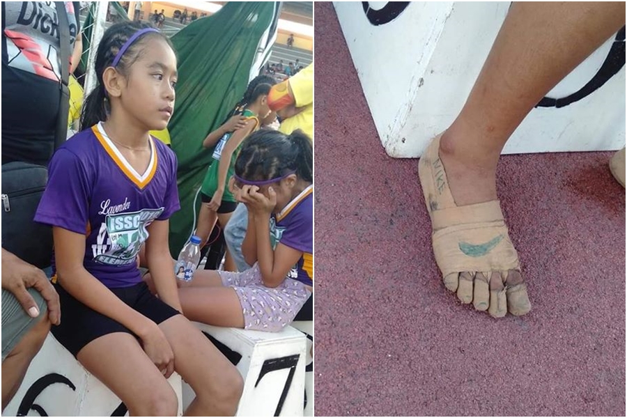 菲律賓的11歲女童布洛斯用繃帶纏住腳和腳趾，自製「NIKE繃帶鞋」贏得3面金牌。（翻攝自Predirick B. Valenzuela臉書）