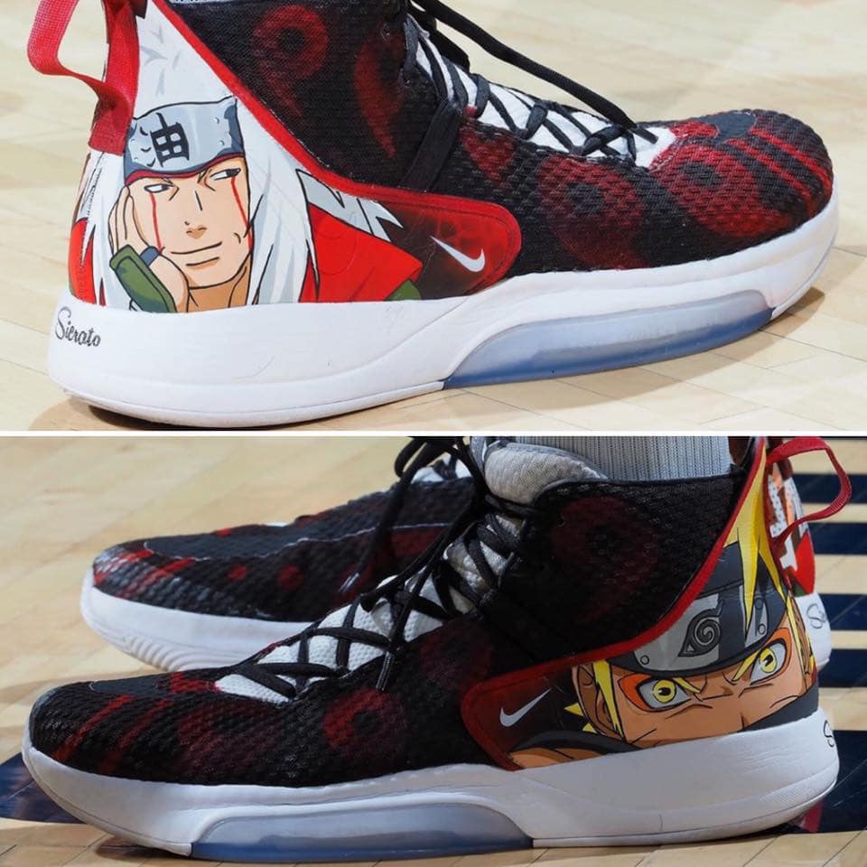 226公分高的Tacko Fall是《火影忍者》愛好者，特別穿著相關彩繪鞋款出賽。（翻社自Basketball Forever）