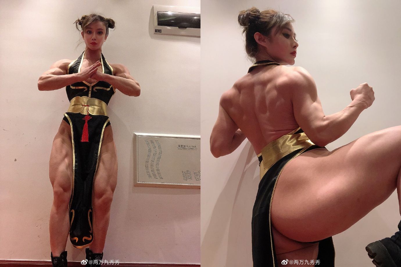 中國一位熱愛健身的女中醫師袁合榮，Cos《快打旋風》春麗一角被網友說是神還原。（翻攝自「两万九秀秀」微博）