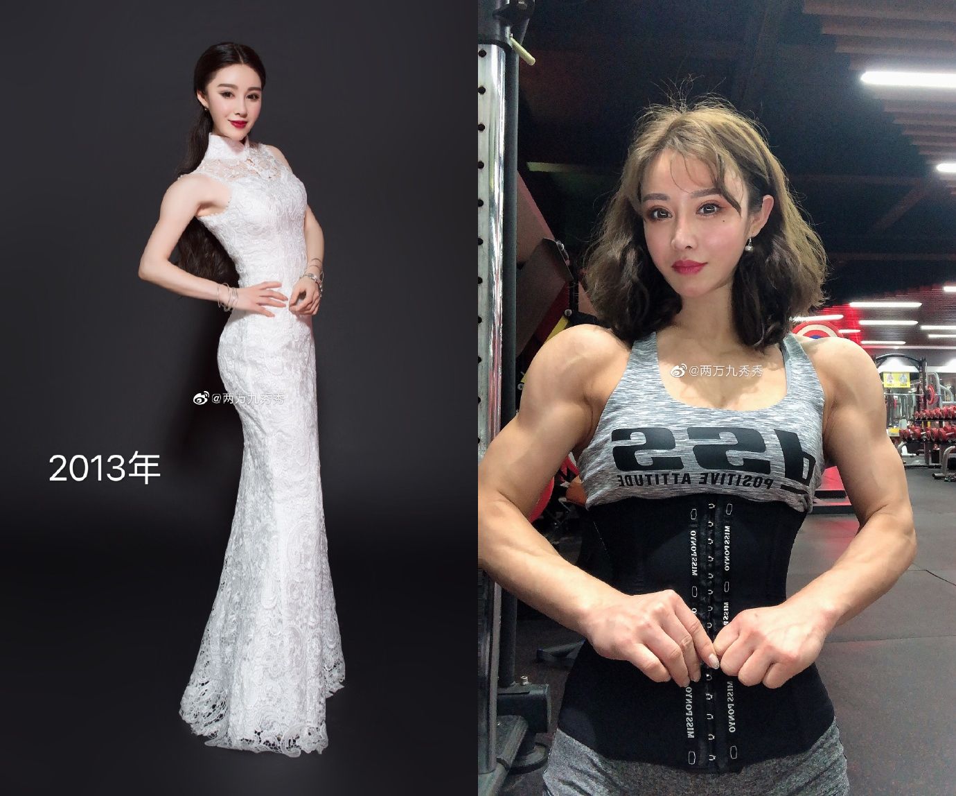 袁合榮原先身材纖細，近年愛上健身後練出一身健美肌肉。（翻攝自「两万九秀秀」微博）