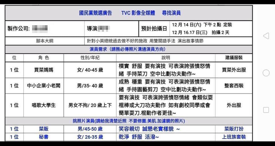 網友爆料這支競選廣告的細節,腳本大綱就是要針對小英總統過去做不好的施政演出故事情節。(擷自臉書社團公民割草行動)