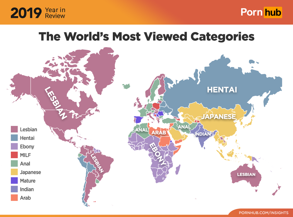 PornHub所整理出的「世界各國最多人觀賞的類別」。（翻攝PornHub Insights）