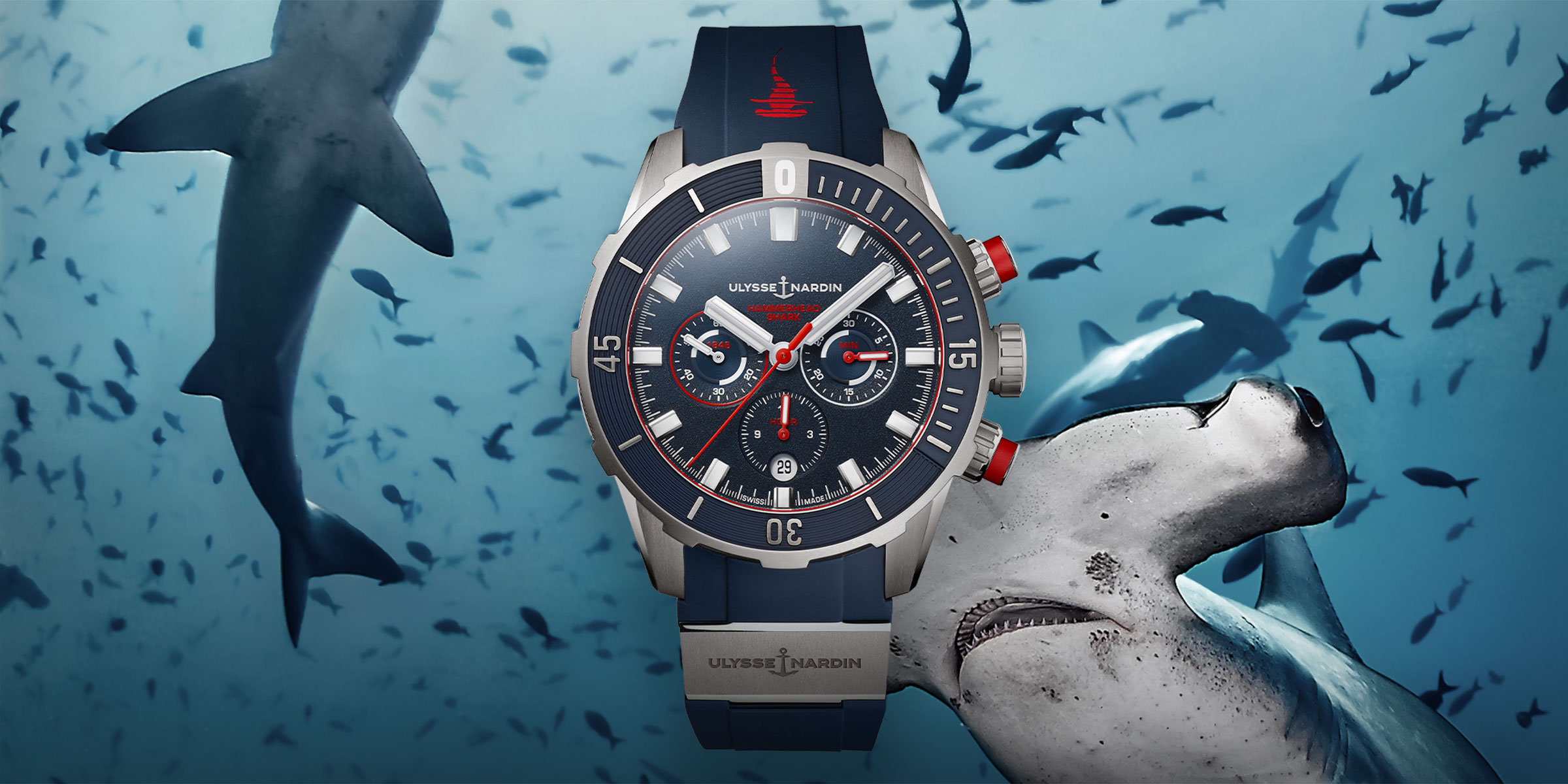繼去年推出數款以鯊魚為主題的作品後，這次雅典錶再推出全新鎚頭鯊潛水計時腕錶限量版。