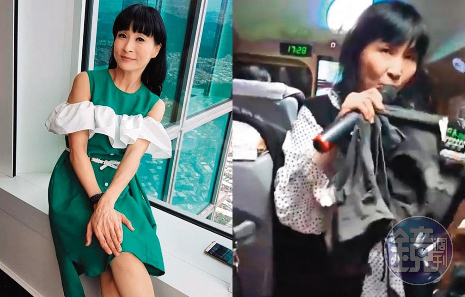 馬妞在遊覽車上辛苦賣內褲，即使乘客笑說要買原味內褲，她也笑著回應。（左圖翻攝自馬維欣臉書，右圖翻攝自黃金龍 龍哥YouTube）