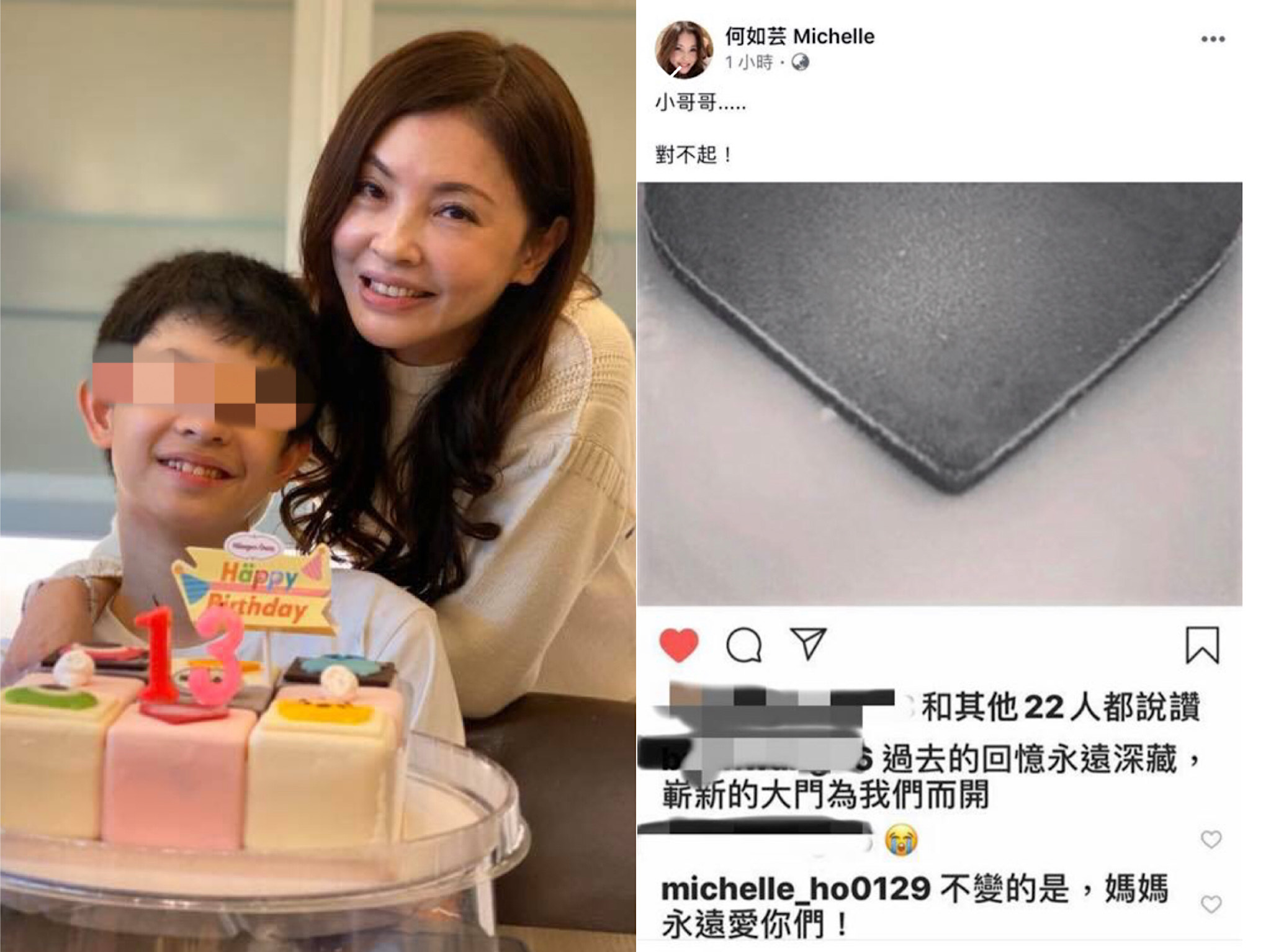 婚姻生變，何如芸兒子超齡發言讓她心疼不已。（翻攝自何如芸臉書）