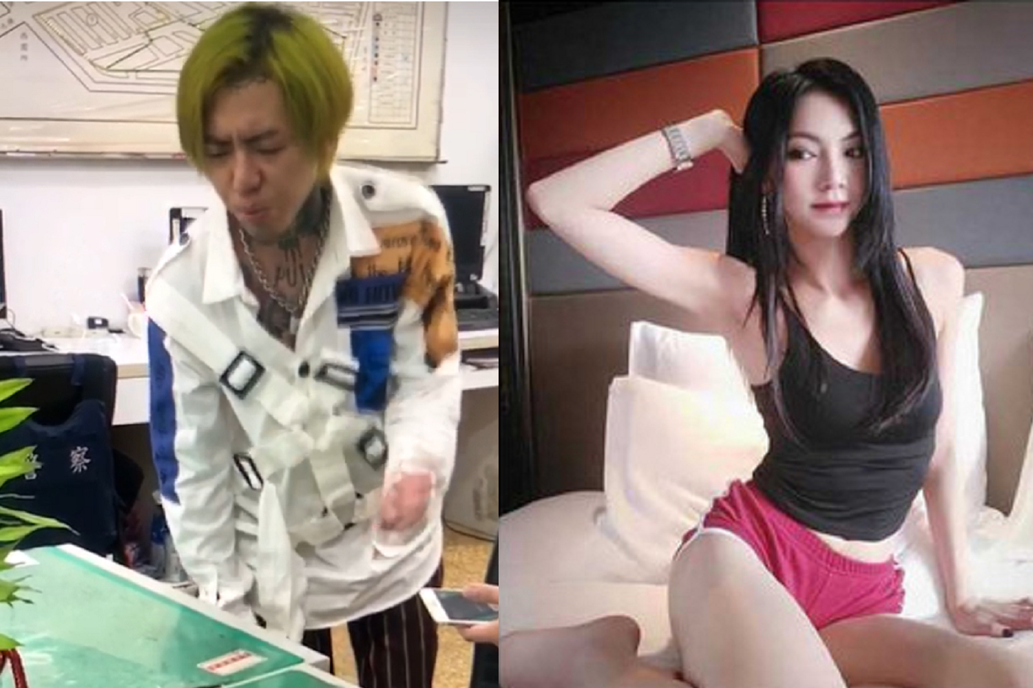 謝和弦（左）因為去中國時報噴漆，16日又進了派出所。17日他又為了護愛莉婭（右）去三立與中天電視台。（翻攝畫面，翻攝Liya IG）