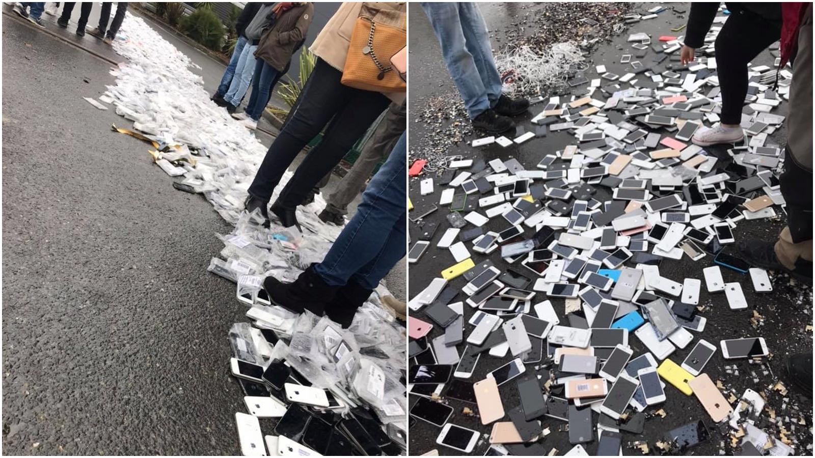 員工不滿拿不到資遣費、未來就業無保證，已輾壓手機作為抗議。（翻攝自CFDT Remade infos salariés　臉書）
