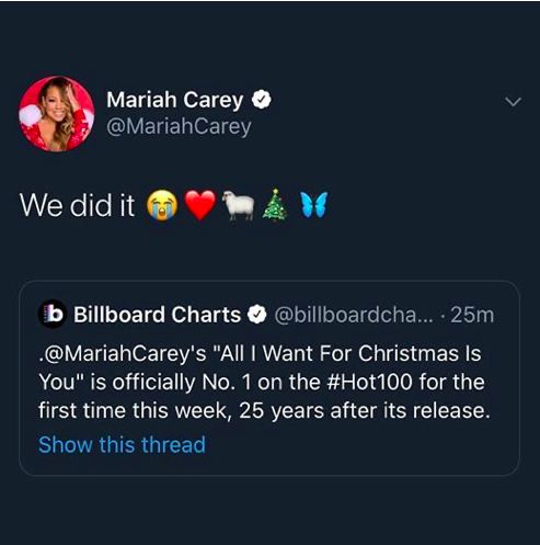25年後單曲終於奪冠，瑪麗亞凱莉在推特上也不禁喜極而泣。（翻攝Mariah Carey官方推特）