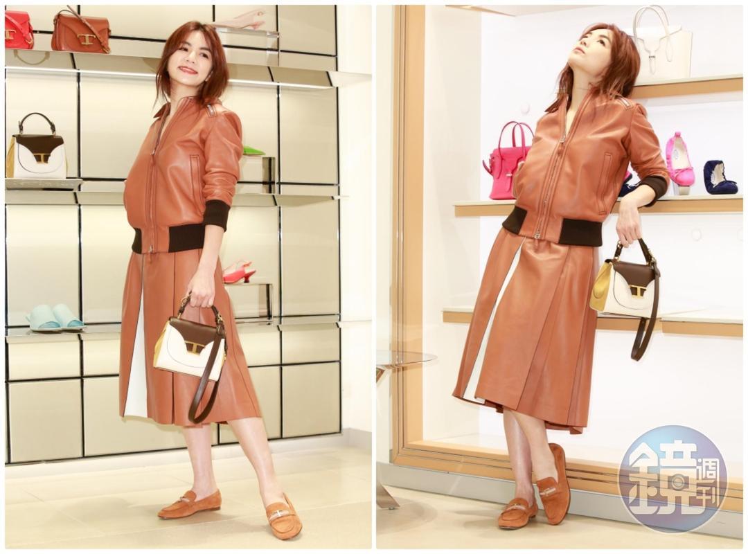 Ella從頭到腳都是TOD’S,覺得保暖又舒適。TOD’S Timeless休閒鞋2萬5400元,Timeless Bag提包款7萬2300元。