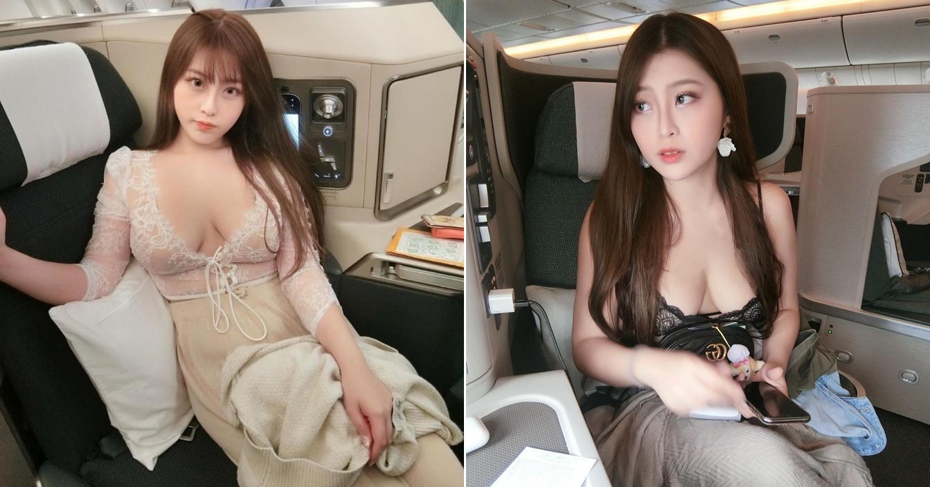 Yumi曾穿黑色內衣搭飛機（右圖），最近又穿深V蕾絲搭機發生超糗意外。（翻攝自Yumi　IG）