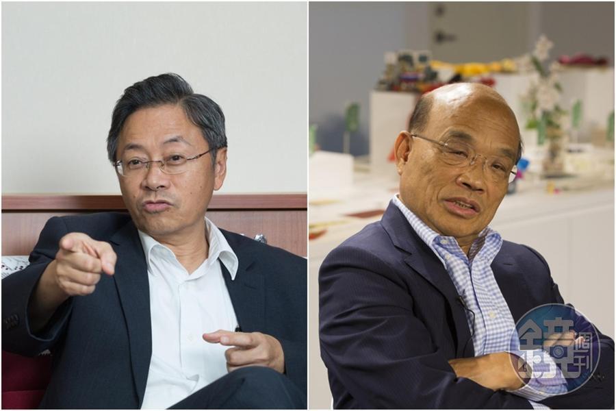 國民黨副總統候選人張善政（左）要行政院長蘇貞昌（右）回去學校再上禮義廉恥。
