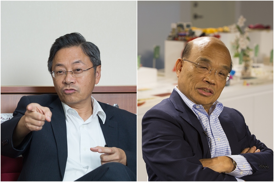 國民黨副總統候選人張善政（左）要行政院長蘇貞昌（右）回去學校再上禮義廉恥。