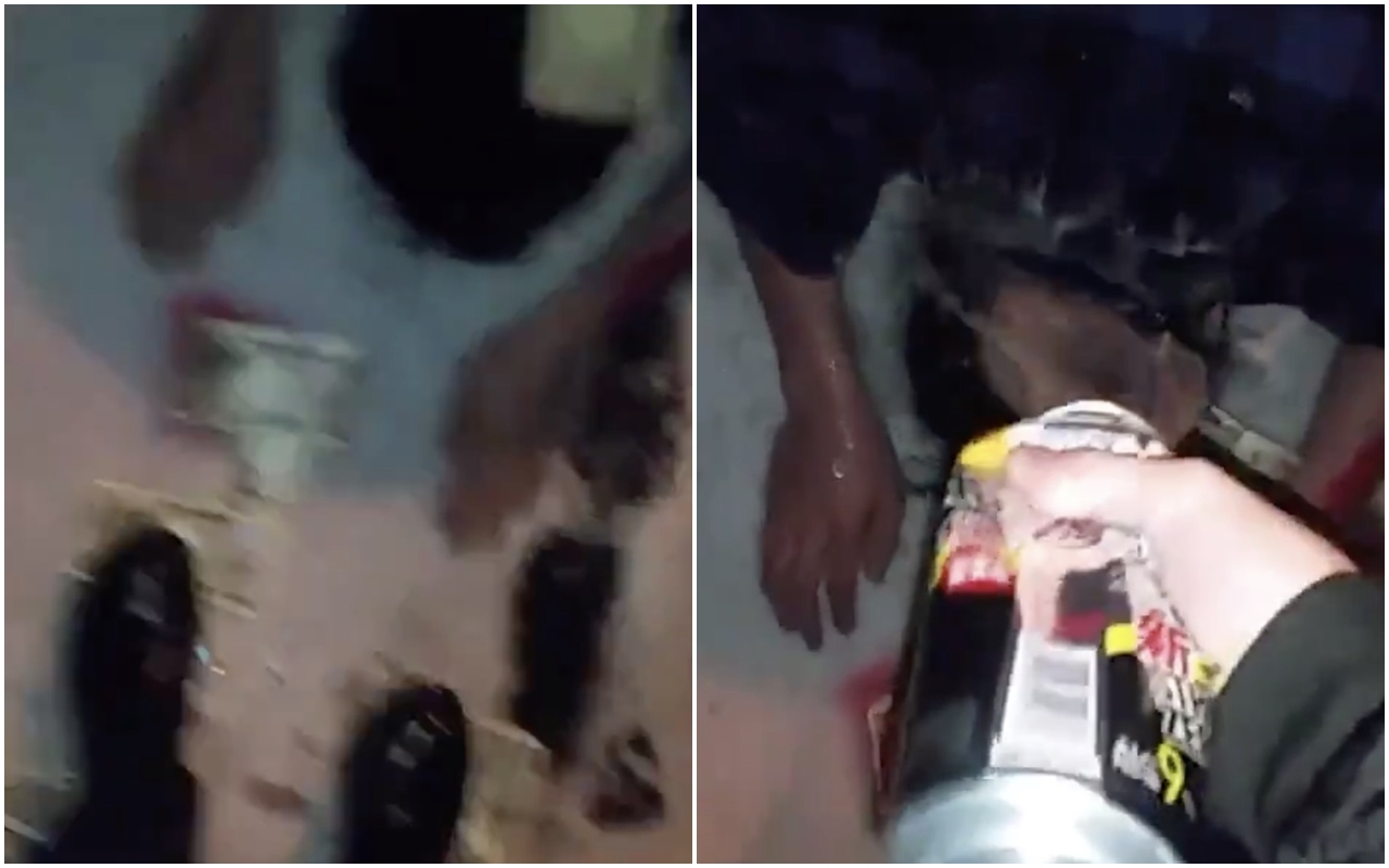 一部17秒的私刑影片在網路瘋傳，地上遍布血跡和鈔票，影片中的男子也遭狠狠羞辱。（翻攝自冬蛍推特）