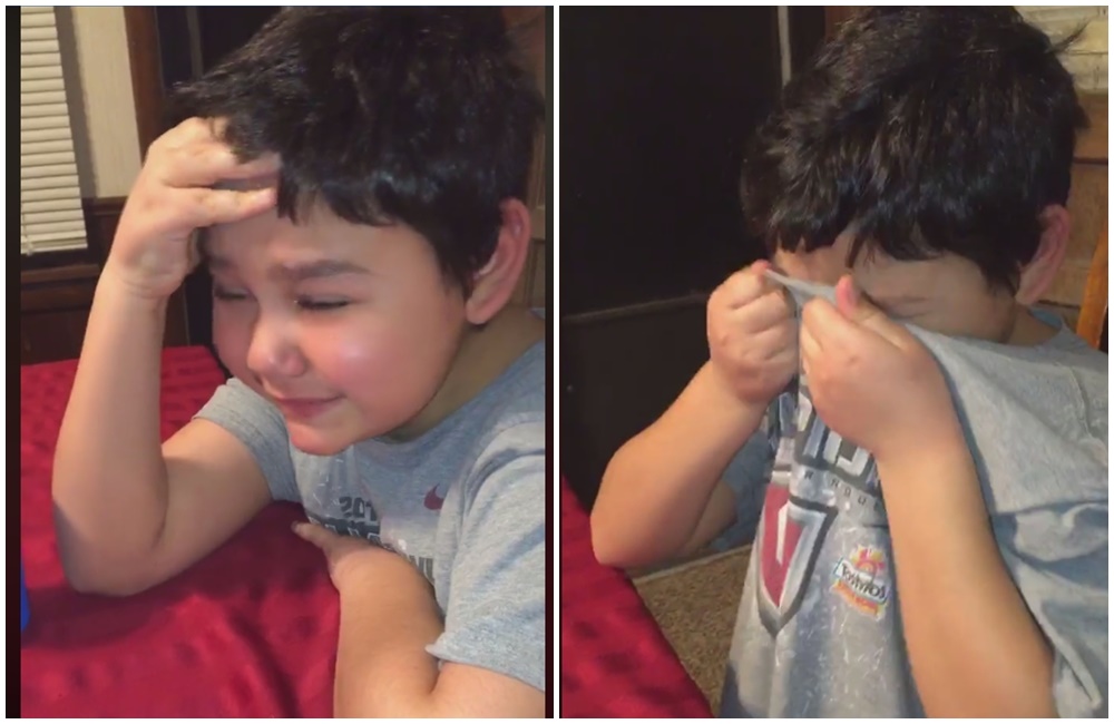 美國9歲男童完成3年抗癌療程，激動落淚。（翻攝自Ashley Cotter 臉書）