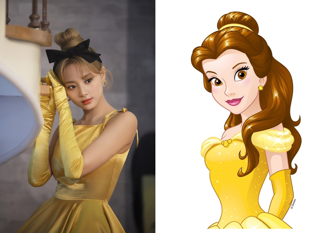 子瑜化身《美女與野獸》女主角貝兒。（左圖翻攝naver，右圖為網路圖片）
