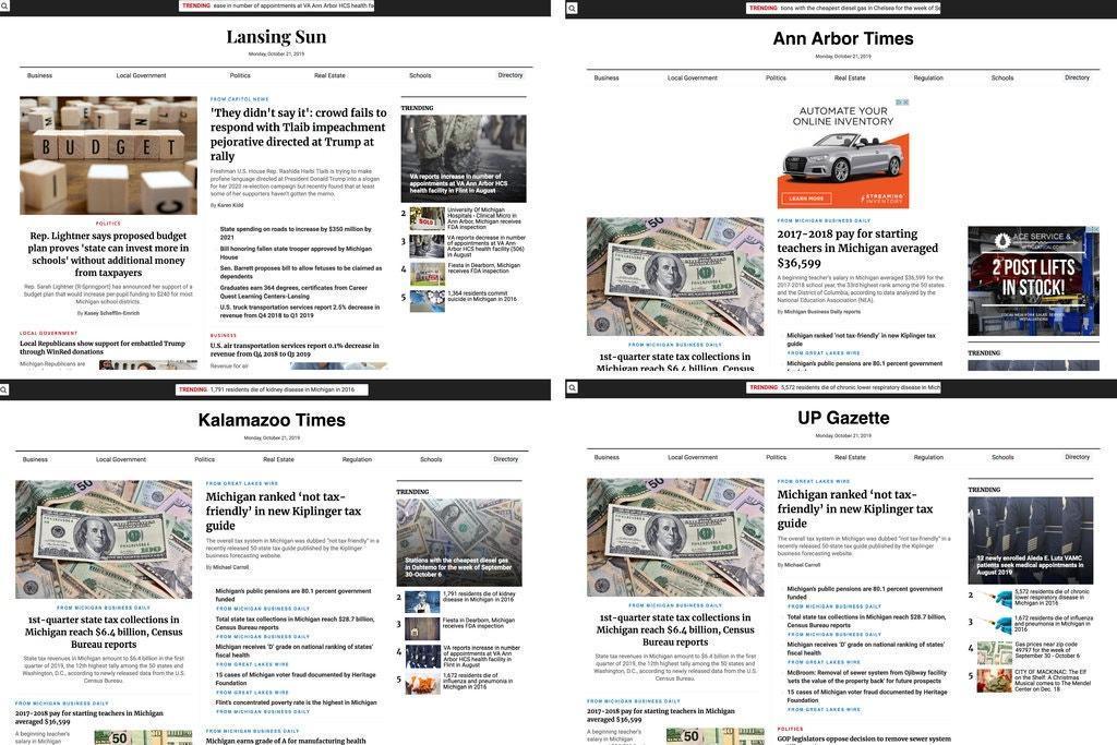根據《紐約時報》的報導，這些地方新聞網站的網頁模板、文章內容幾乎都一模一樣。（網路截圖：New York Times）
