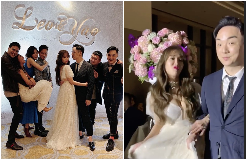 林佩瑤在22日與冠軍名廚武俊傑結婚，穿著爆乳白紗相當吸睛。（翻攝梁文音、林佩瑤IG）