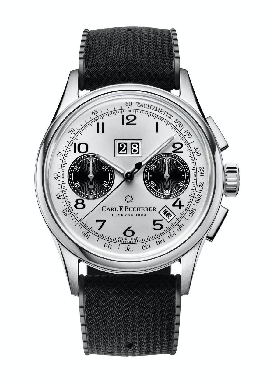 寶齊萊 CARL F. BUCHERER Heritage BiCompax Annual，大日曆視窗年曆雙盤計時碼錶，定價約NT$235,000（精鋼款）。