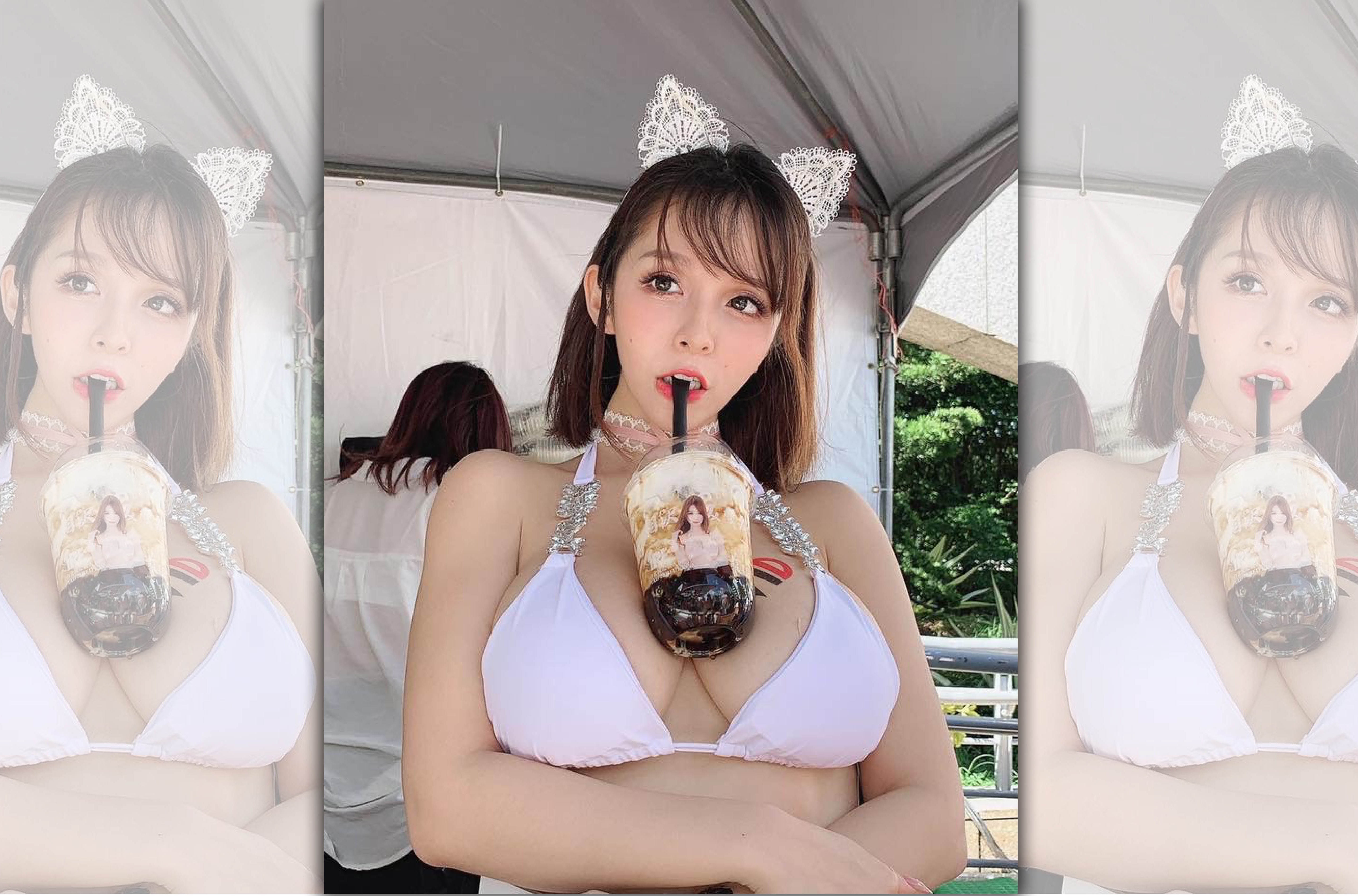 陳香菱受廠商邀約胸頂珍奶放手喝。（翻攝自陳香菱臉書）