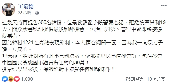 資深媒體人王瑞德透露將再提告300名韓粉，不過他願意網開一面，開放臉書私訊提供最後和解機會。（翻攝自王瑞德臉書）