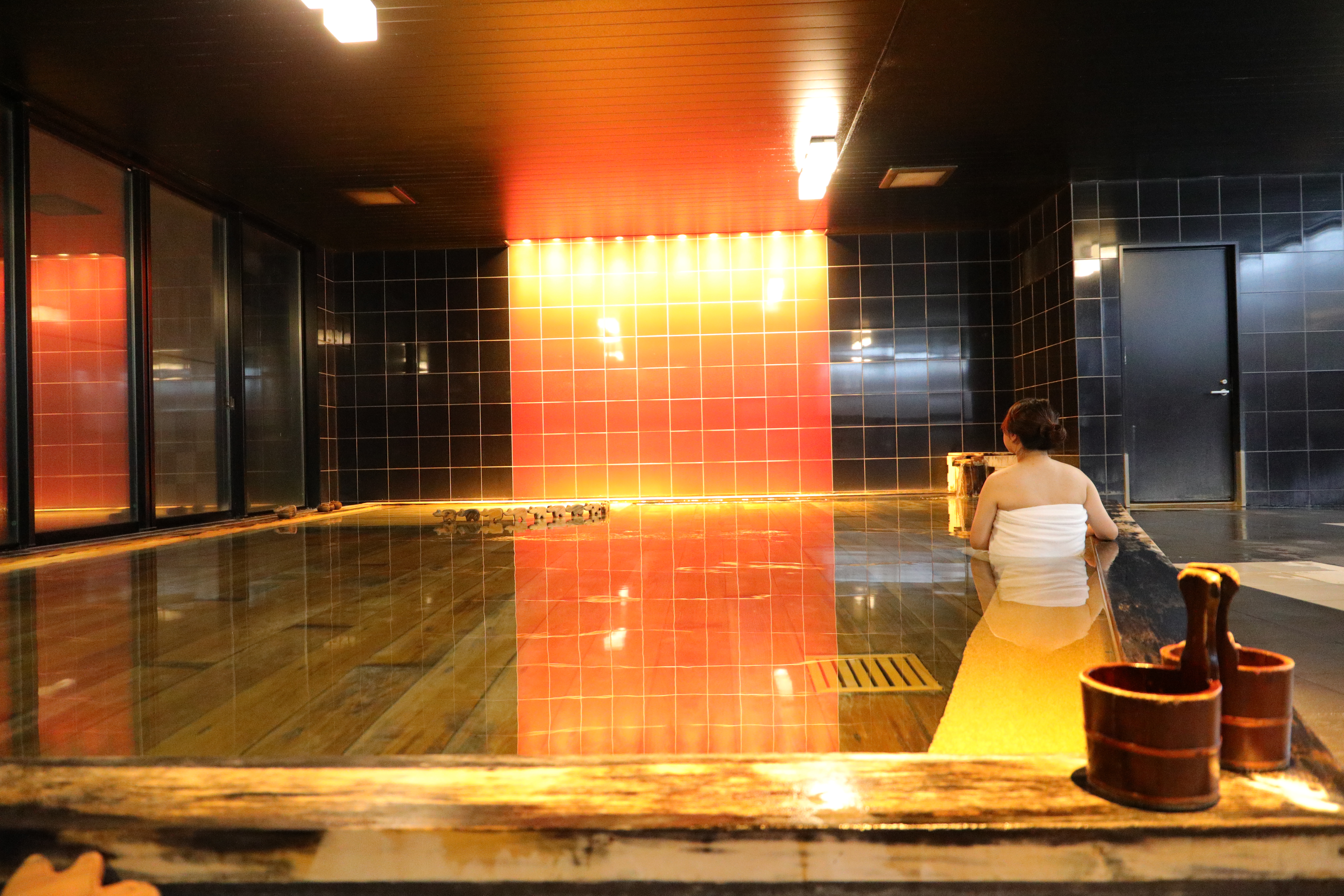 飯店備有男、女湯各一，為碳酸氫鈉泉。