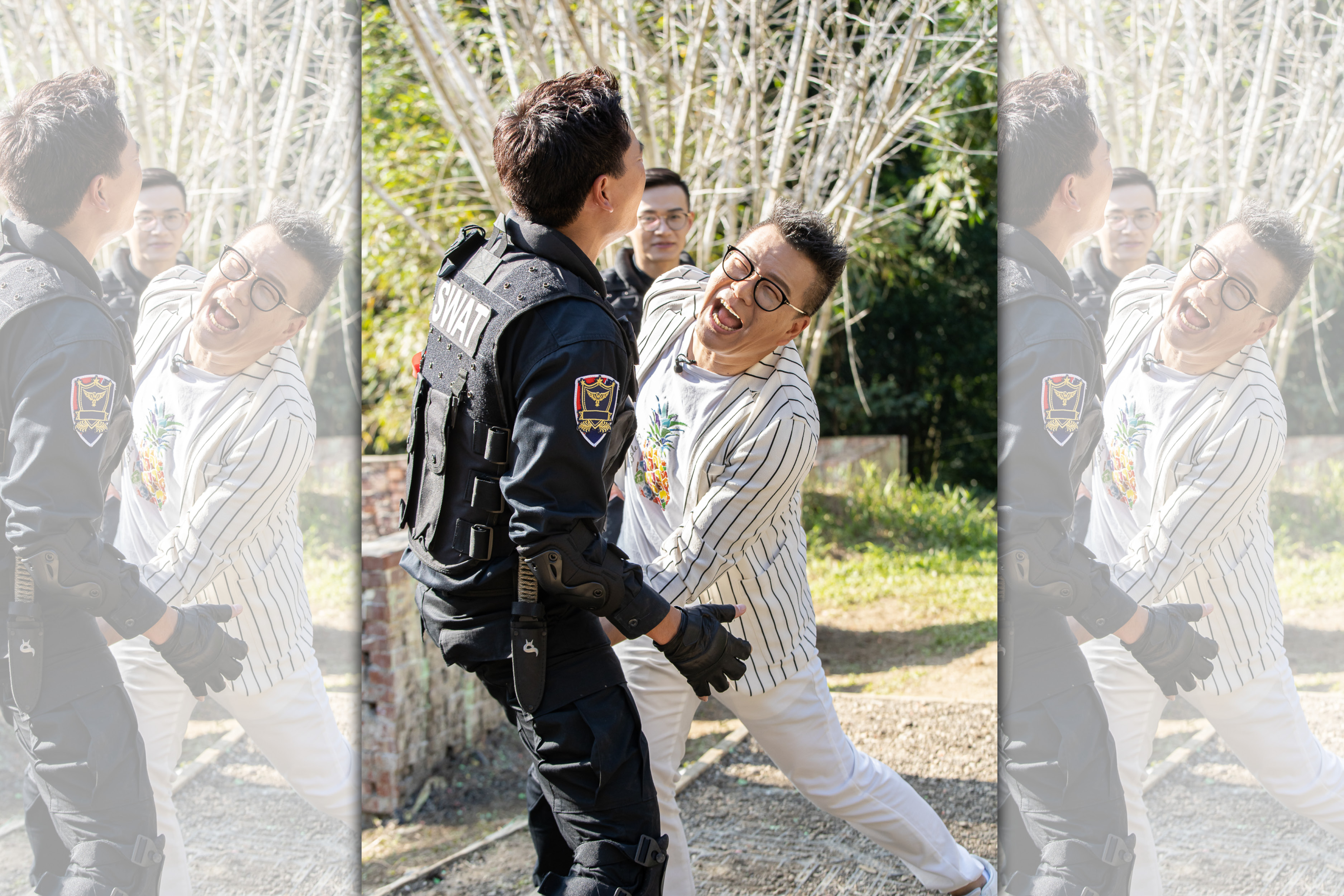 沈玉琳用「猴子偷桃」的奧步攻向王傳一，王傳一還配合做出痛苦表情認輸。（東森提供）