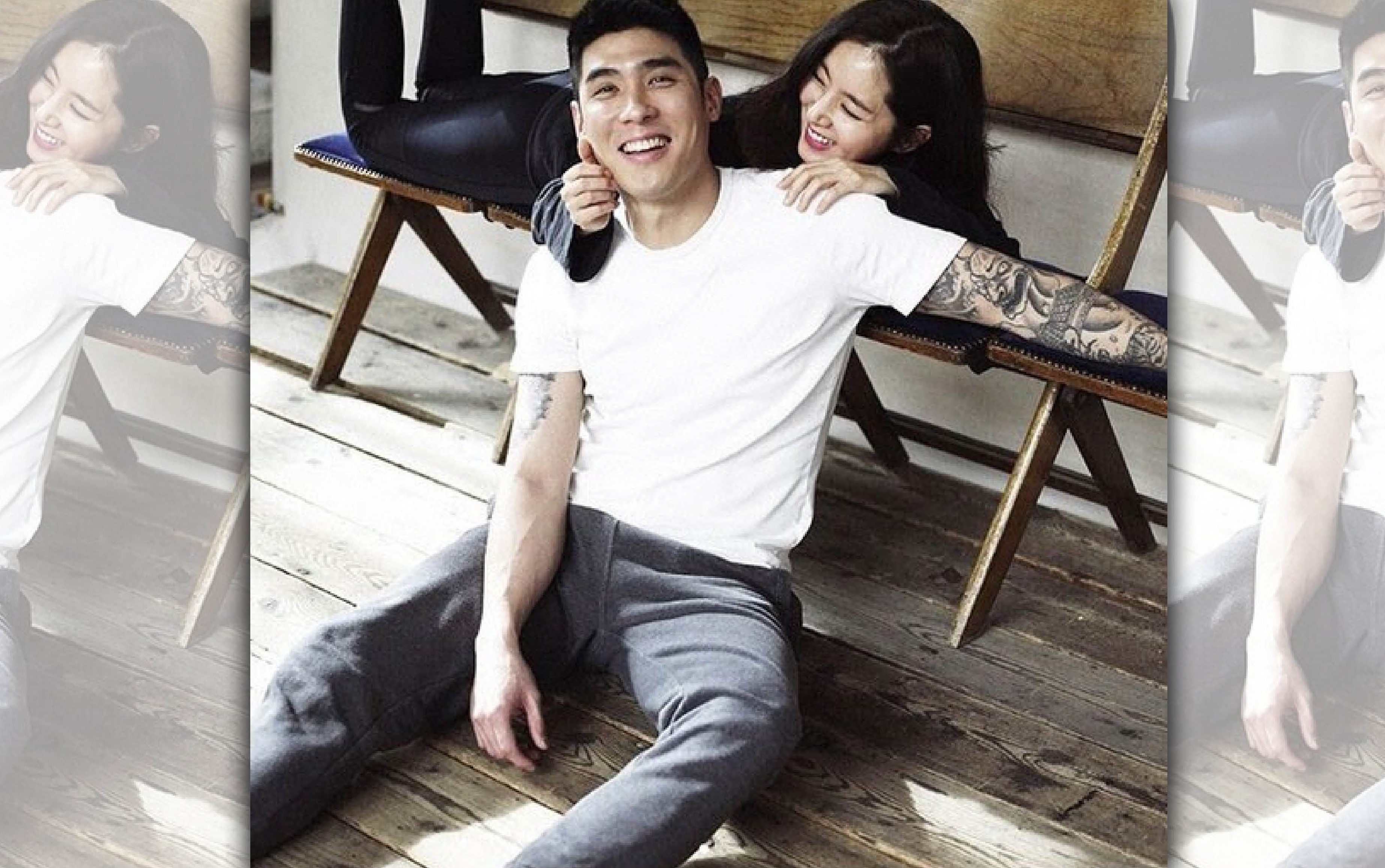  韓彩雅（後）去年5月與車世智（前）完婚，半年後產女晉升三口之家。（翻攝自車世智IG）