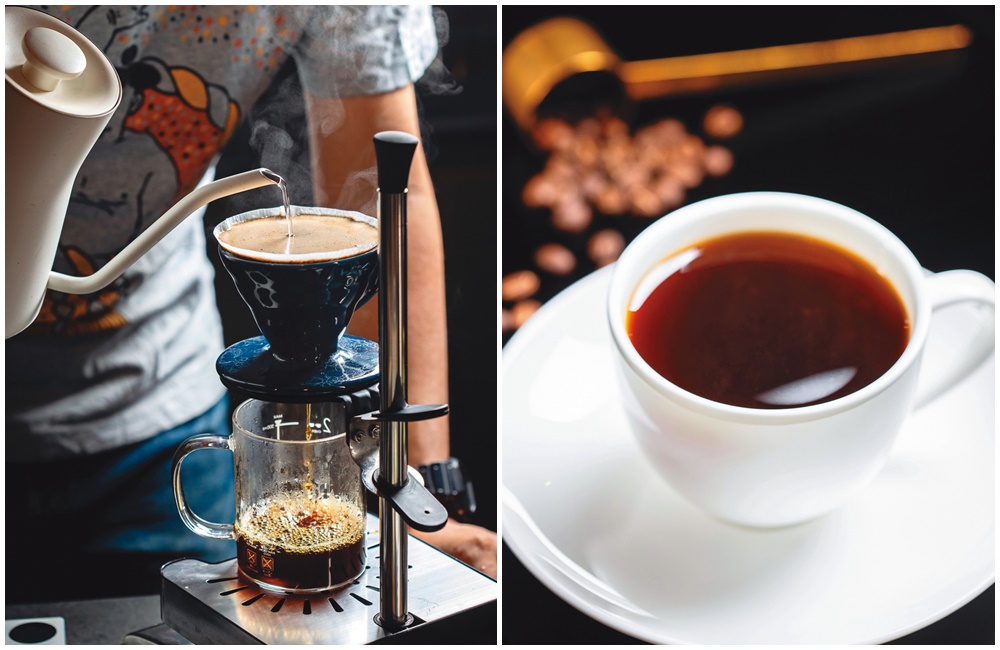 左圖曉咖啡的手沖咖啡風味平衡，深受客人青睞。；右圖「尼加拉瓜．檸檬樹」，有紅柚、瓜果、核果與蔗糖的香氣。（150元／杯）