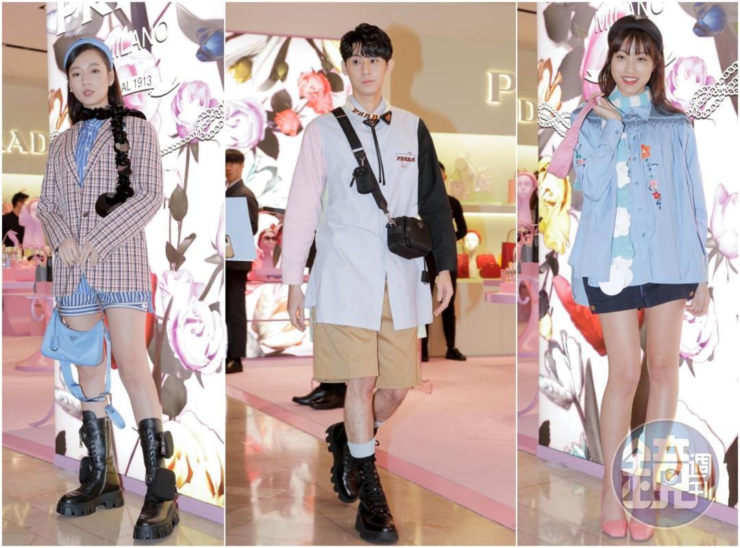 (左起)吳卓源、李玉璽、游宇潼穿著品牌服裝出席PRADA限時快閃店開幕活動。