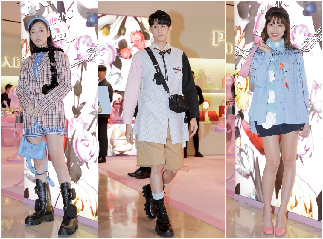 （左起）吳卓源、李玉璽、游宇潼穿著品牌服裝出席PRADA限時快閃店開幕活動。