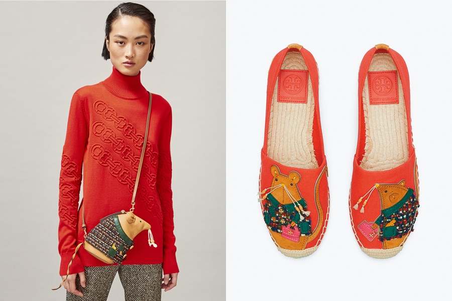 立體Rita錢鼠肩背包 NT$21,900、珊瑚紅Rita錢鼠草編鞋 NT$11,900。（俊思提供）