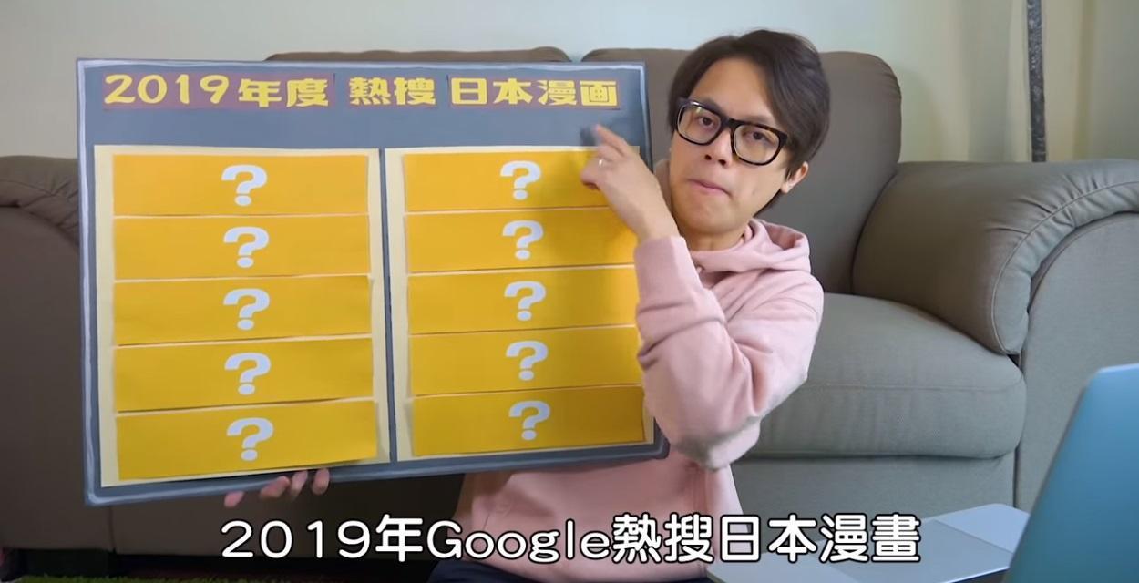 台灣Google公布2019熱搜日本漫畫前十名，由網紅HowHow公布榜單。（翻攝YouTube頻道「HowFun」）