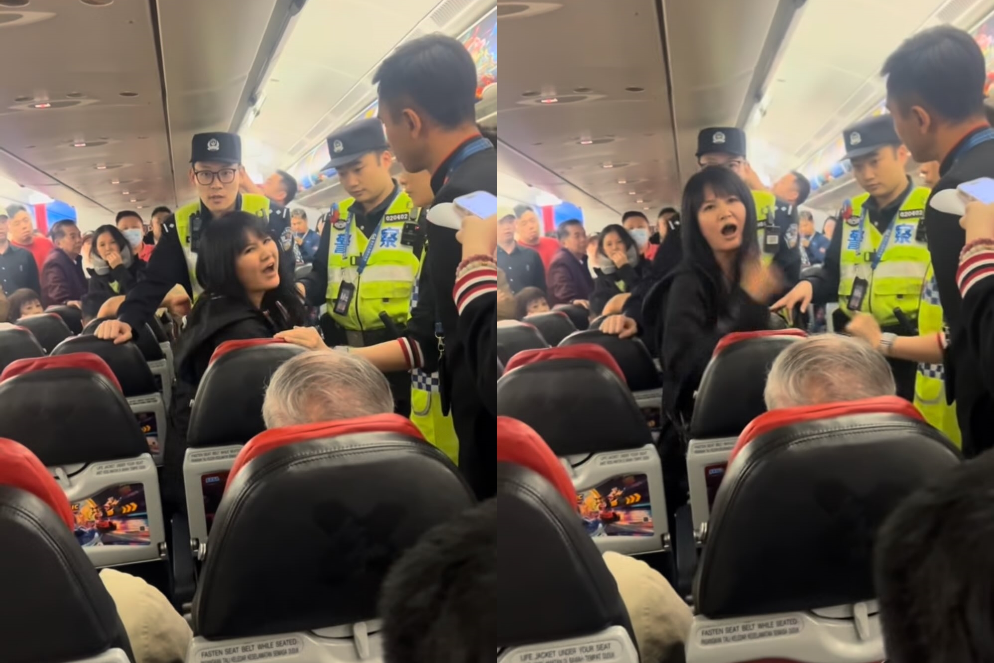 中國女子今搭乘亞航時情緒失控，與鄰座乘客爆衝突。（翻攝自threads）