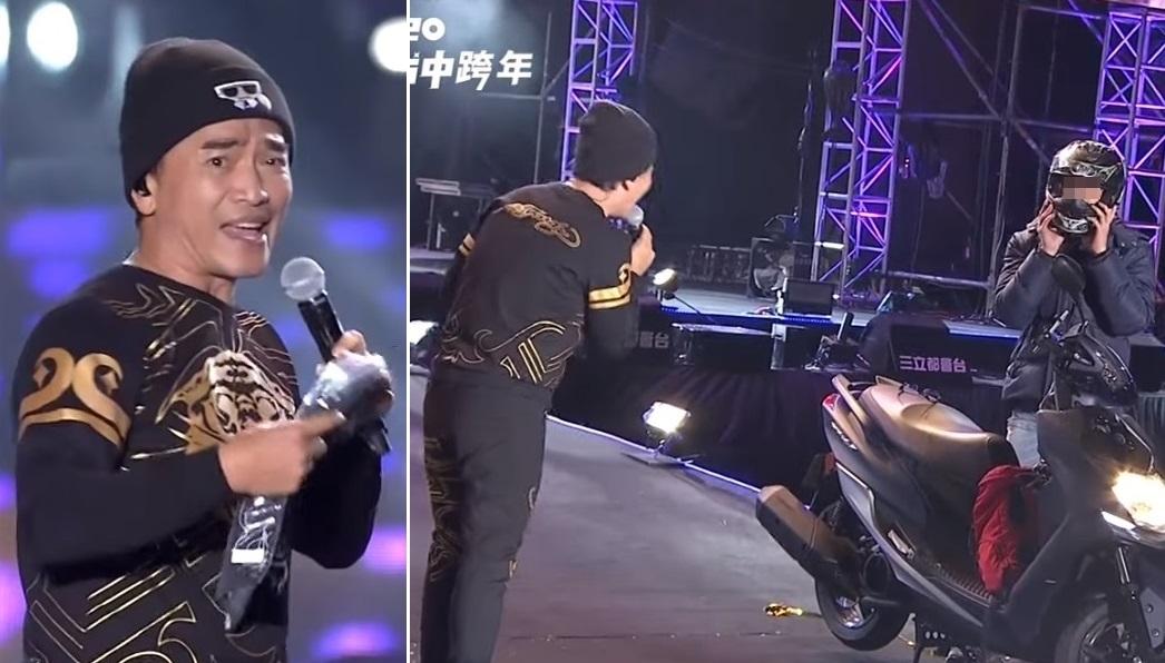 吳宗憲在台中跨年場唱到一半，一名男大生騎機車闖舞台讓他傻眼。（翻攝自三立電視 SET TV YouTube頻道）