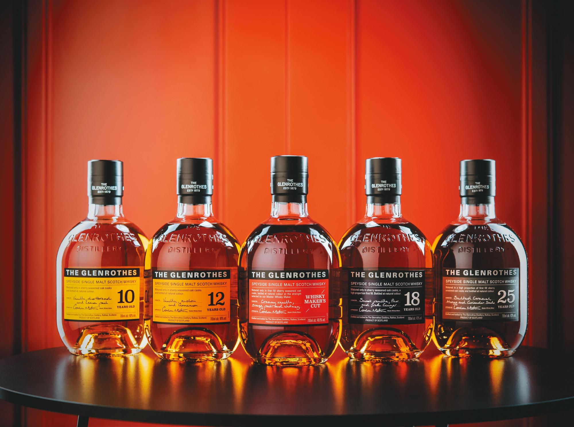 Gordon Motion打造100%雪莉桶的格蘭路思全新系列The Soleo Collection,左起:10年、12年、高酒精強度的Whisky Maker's Cut、18年、25年。