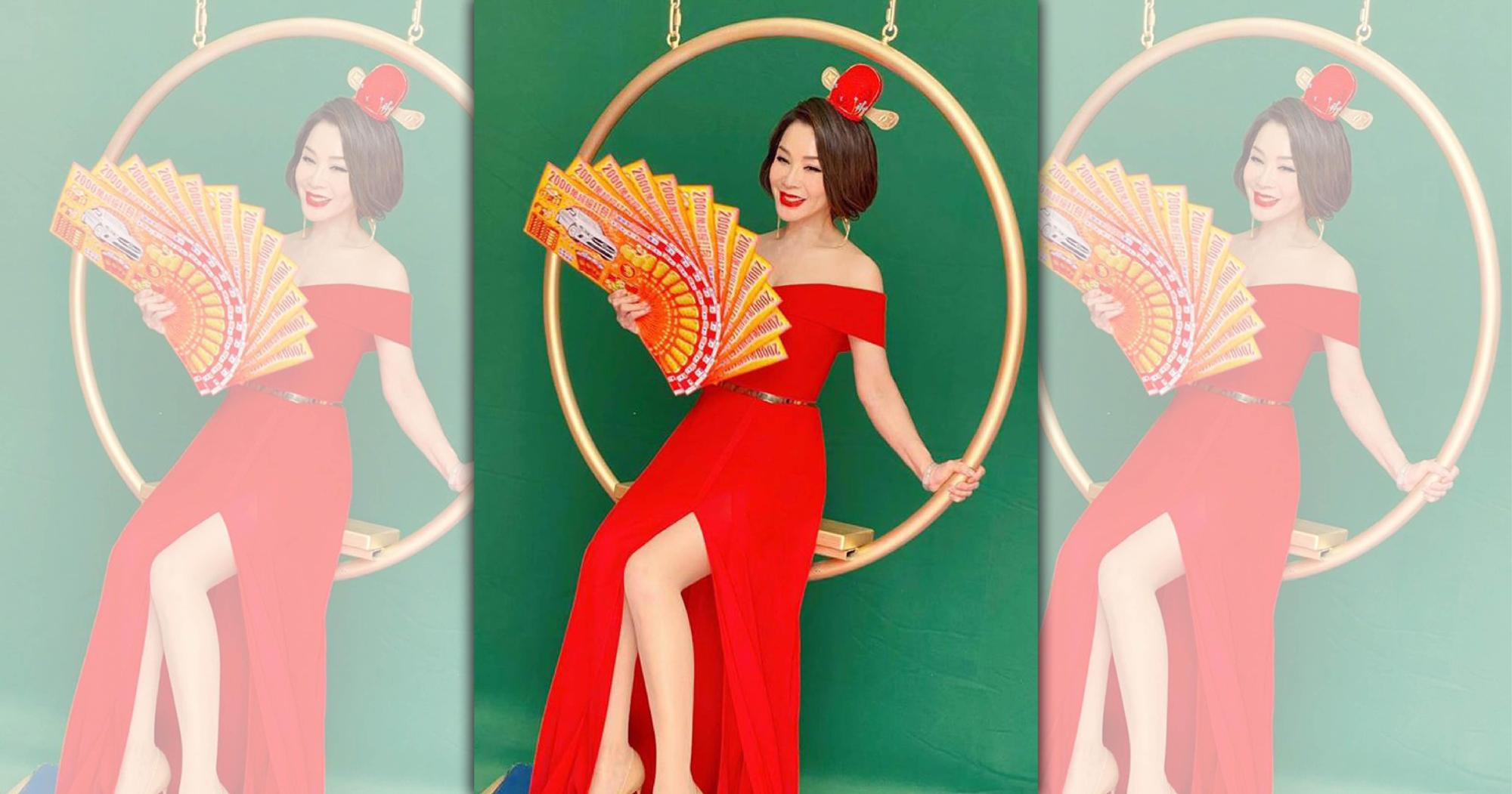 陳美鳳以「台灣最美麗的招財女神」之姿出席台灣彩券新品首發記者會。（翻攝自陳美鳳臉書）