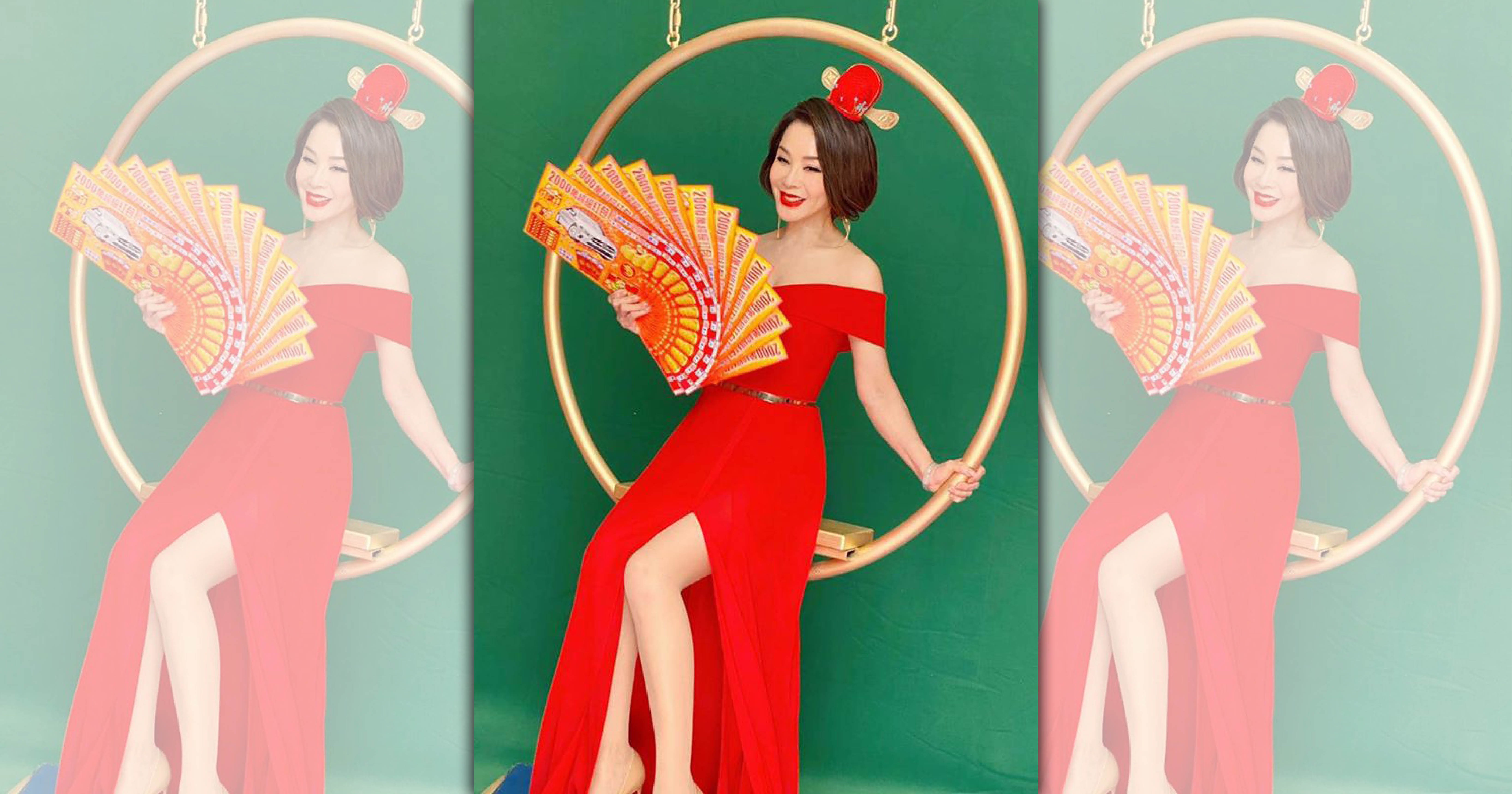 陳美鳳以「台灣最美麗的招財女神」之姿出席台灣彩券新品首發記者會。（翻攝自陳美鳳臉書）
