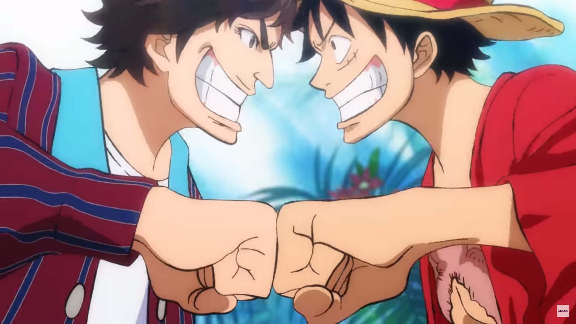 《航海王》× 嵐，魯夫跟松本潤擊拳打招呼。（翻攝自ARASHI YouTube頻道）