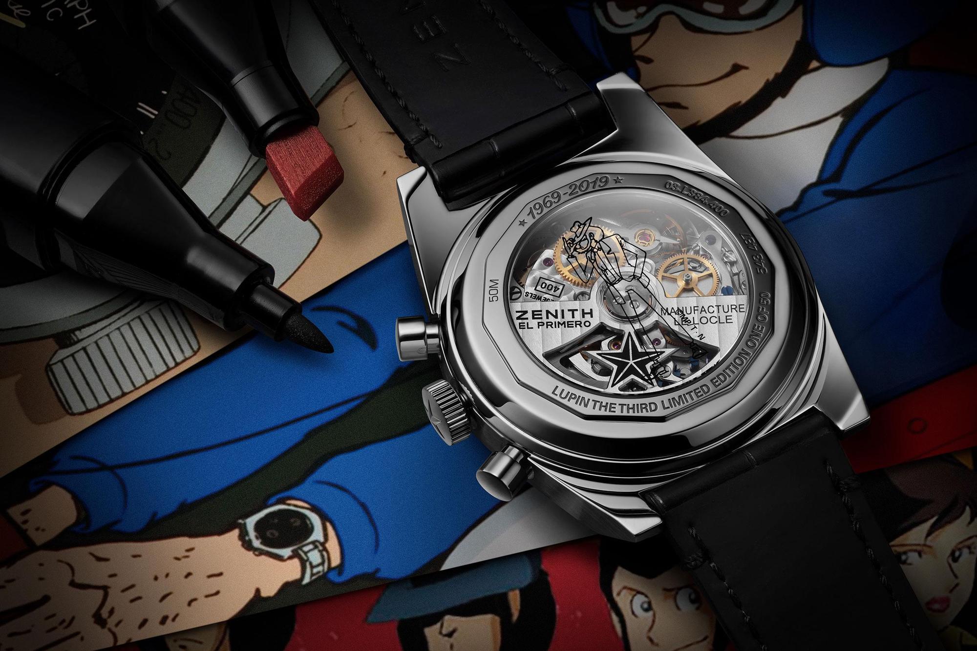 ZENITH A384 Revival魯邦三世限量版後底蓋上裝飾著次元大介的剪影。