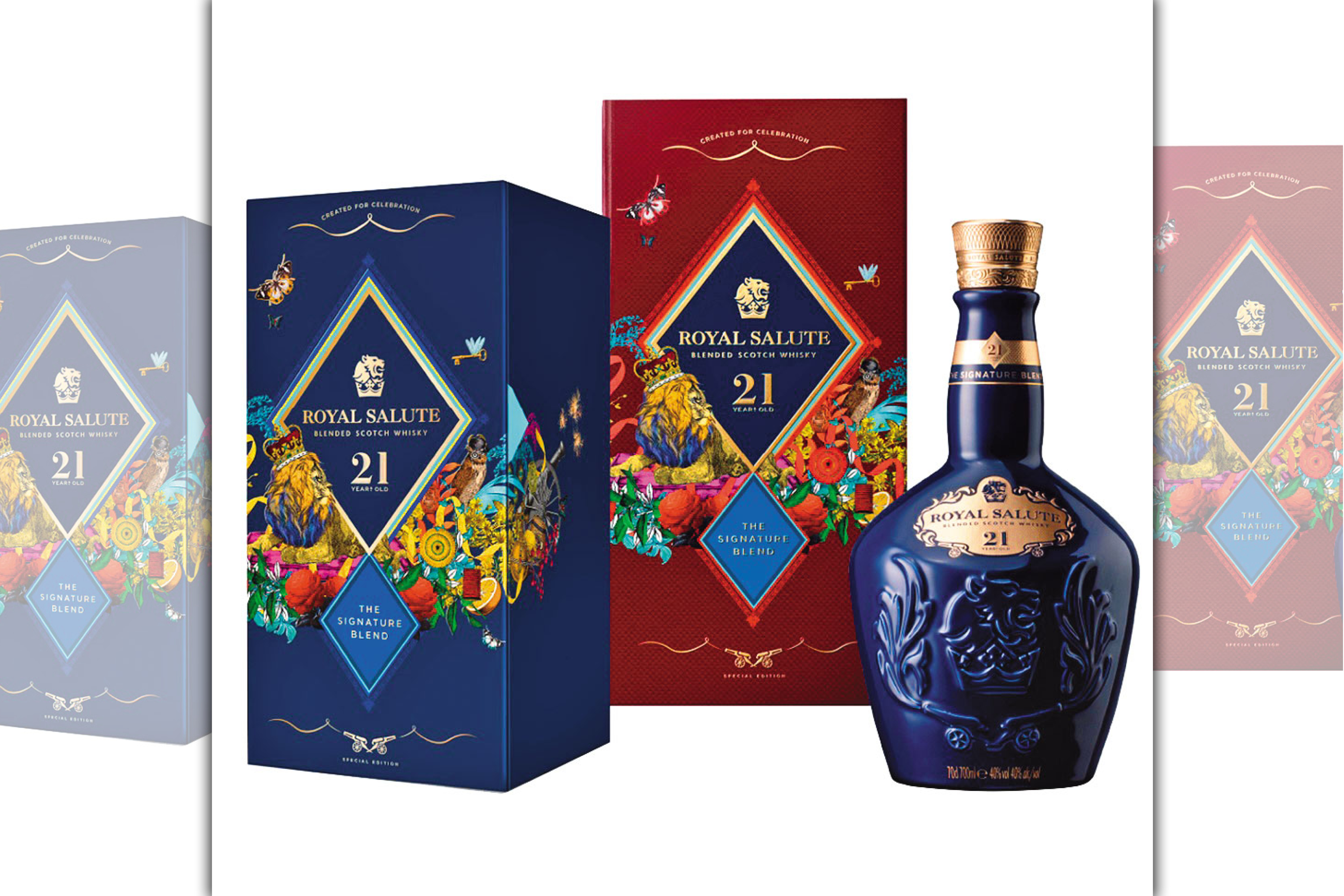 皇家禮炮21年榮獲2019國際烈酒競賽雙金獎，瓶身是知名陶瓷廠韋德（Wade）工匠打造，品味卓絕。應景的「萬獸版」禮盒，售價2,980元／700ml。