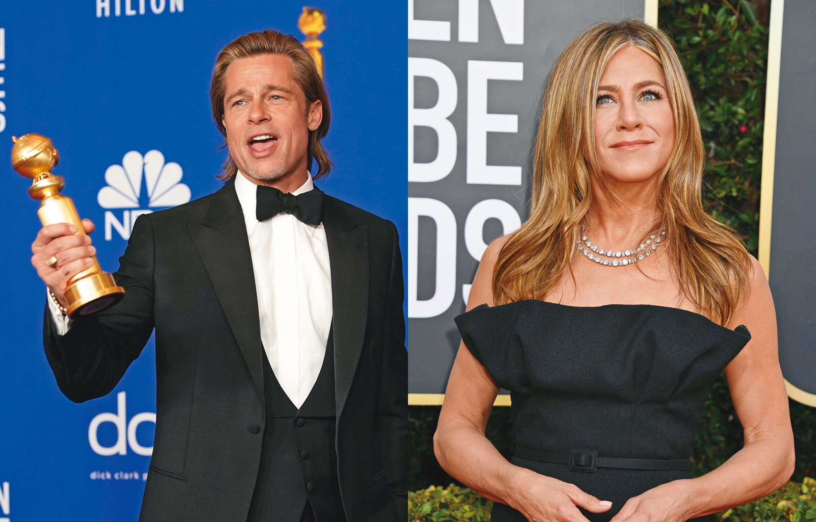 「小布」布萊德彼特風光贏得金球獎最佳男配角獎，但他與前妻珍妮佛安妮斯頓相隔18年再次於金球獎聚首，大家更好奇他們的互動。（左圖達志影像；右圖東方IC）