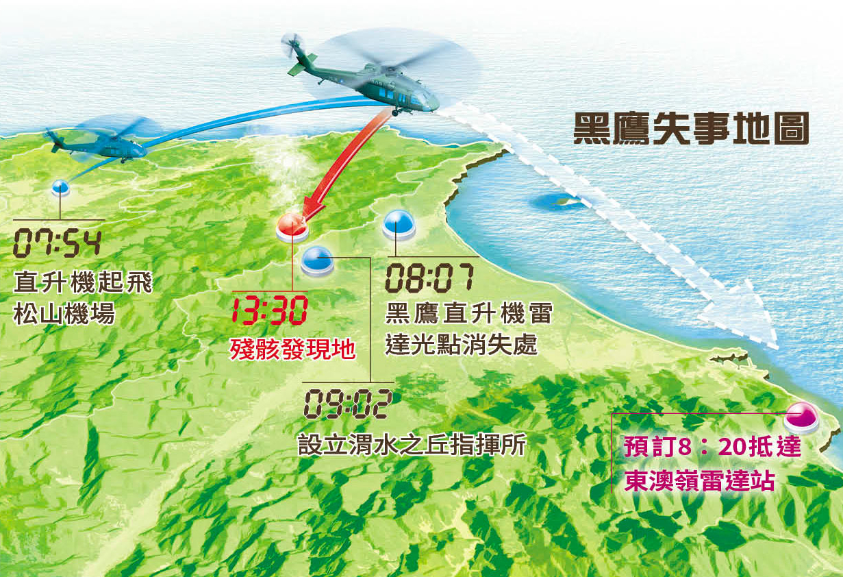 黑鷹墜毀在宜蘭烘爐地山區附近，失事地點的山頭海拔1166公尺，是唯一擁有一等三角點的蘭陽平原名山，周圍近10公里內沒有比它更高的山。圖為黑鷹失事地圖。