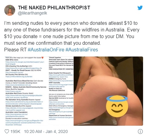 美國辣模凱倫為澳洲無尾熊發起裸照募款，還自稱裸體慈善家。（翻攝自@lilearthangelk推特）