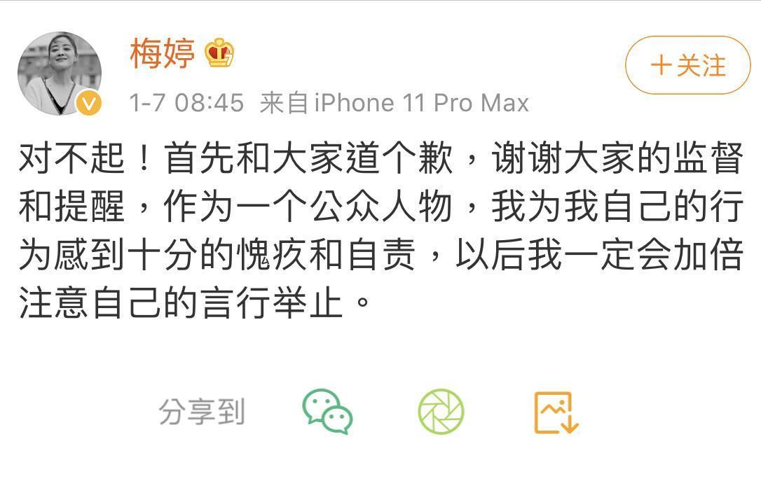 梅婷事發後趕緊發文道歉。（翻攝自梅婷微博）