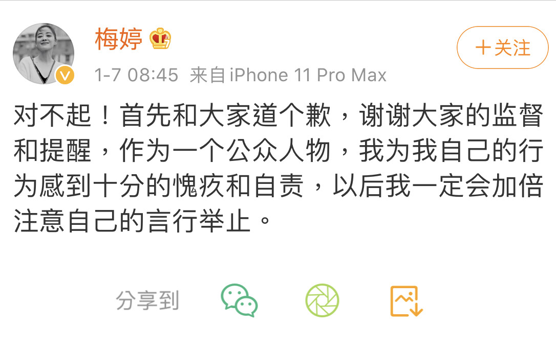 梅婷事發後趕緊發文道歉。（翻攝自梅婷微博）