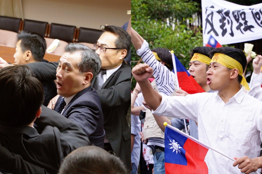 邱威傑（呱吉）在《國際橋牌社》客串抗議人士，站在第一陣線不斷嘶吼。（馬克吐溫提供）